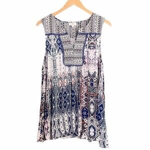 Umgee Boho Top Women's Size Medium Sleeveless Tunic Indigo Blue Crochet Pom Trim